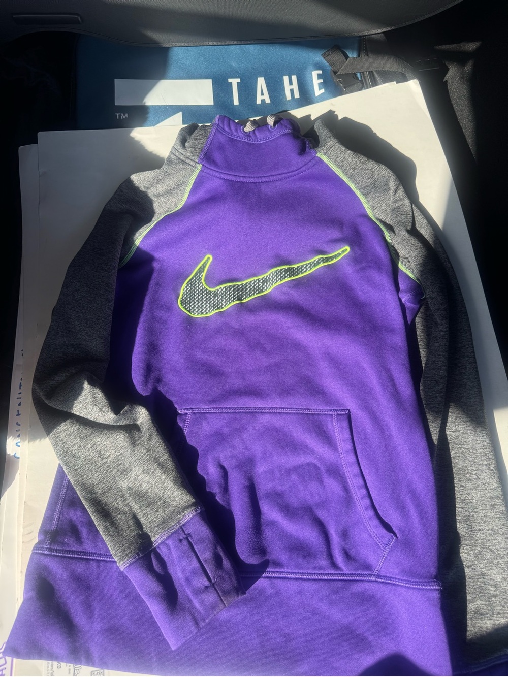 Nike Purple and Gray Colorblock Pullover with Neon Swoosh